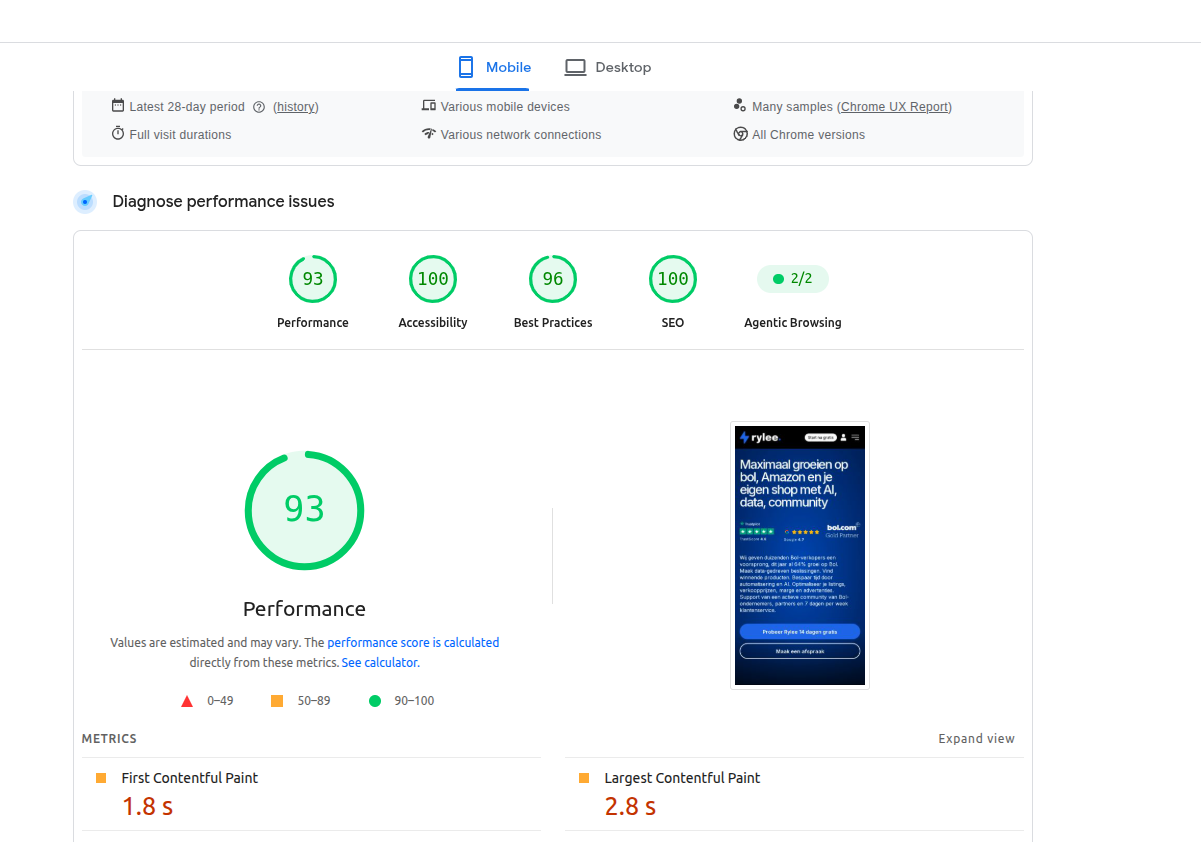 PageSpeed Insights mobiel: performance 93, toegankelijkheid 100, best practices 96, SEO 100
