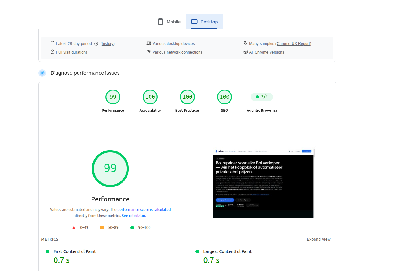 PageSpeed Insights desktop: performance 99, toegankelijkheid 100, best practices 100, SEO 100